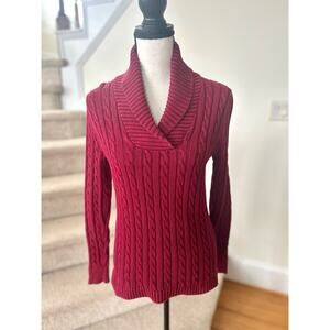 L.L. Bean Cranberry Red/Pink Cableknit Shawl Collar Sweater